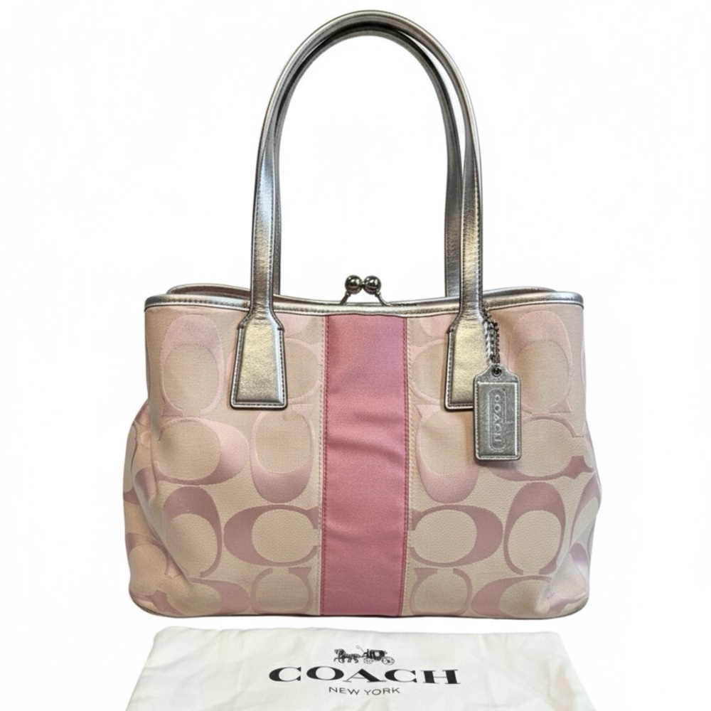 🌸 AUTHENTIC Coach Signature Stripe Carryall Pink Khaki Satchel Bag w/ Dustbag